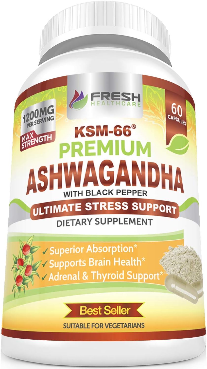 Potent 1200mg Ashwagandha Capsules with Black Pepper for High Absorption - Vegan Supplement with KSM-66 Pure Root Extract - 60 Capsules