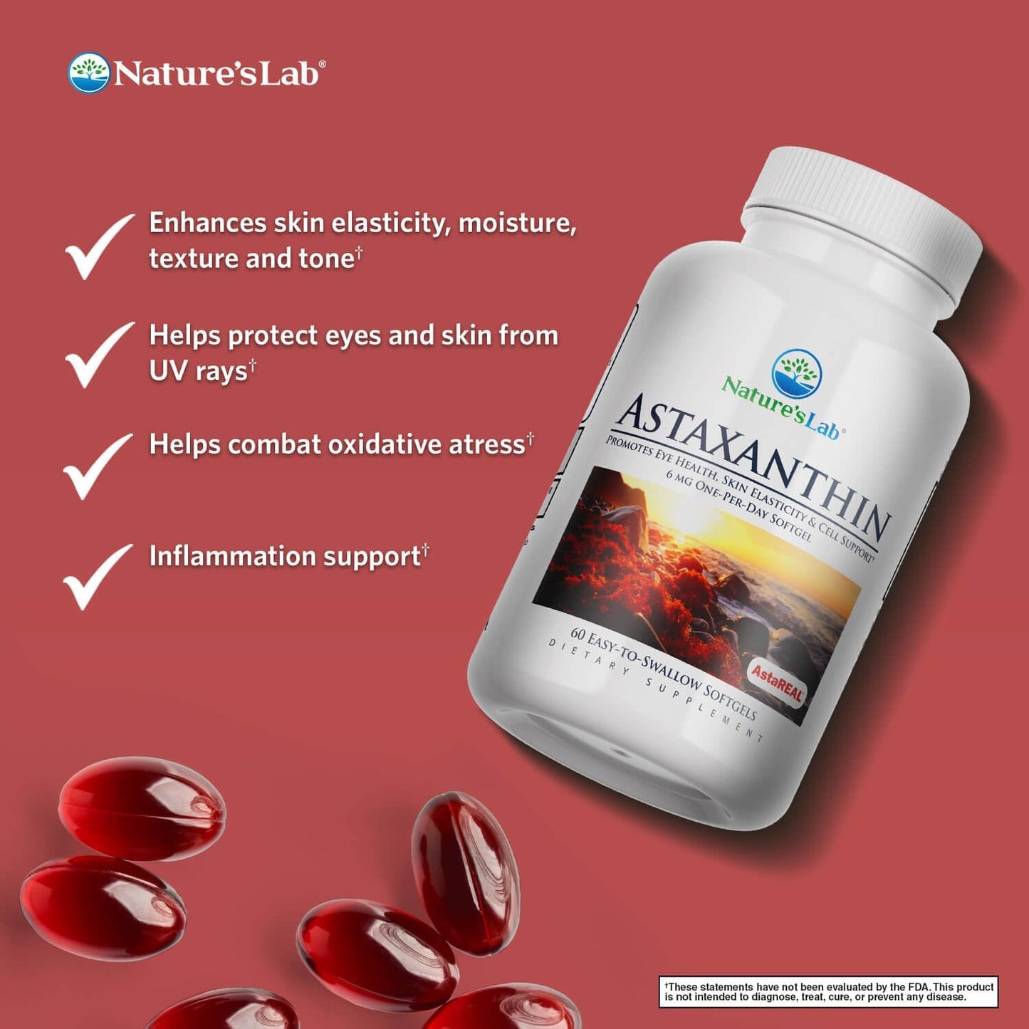 Potent Antioxidant Supplement: Nature's Lab AstaREAL Astaxanthin - 6mg - 60 Capsules, 2 Month Supply