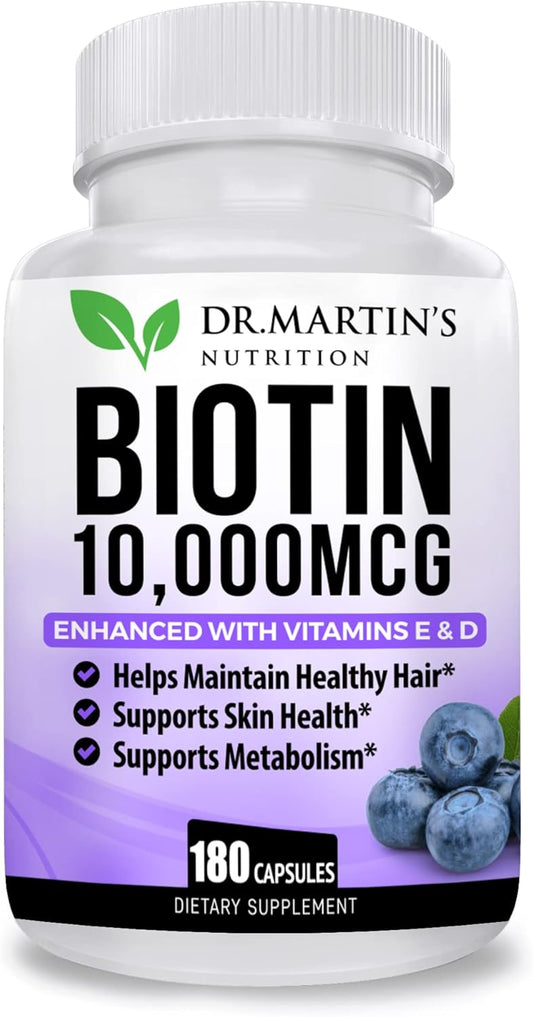 Potent Biotin (Vitamin B7) 10,000 mcg Supplement with Vitamins D & E for Hair, Skin & Nails - 180 Count for Stronger Hair Growth, Youthful Skin, and Strong Nails - Energy Support included