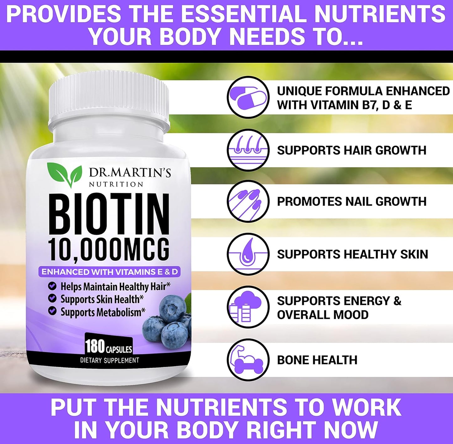 Potent Biotin (Vitamin B7) 10,000 mcg Supplement with Vitamins D & E for Hair, Skin & Nails - 180 Count for Stronger Hair Growth, Youthful Skin, and Strong Nails - Energy Support included