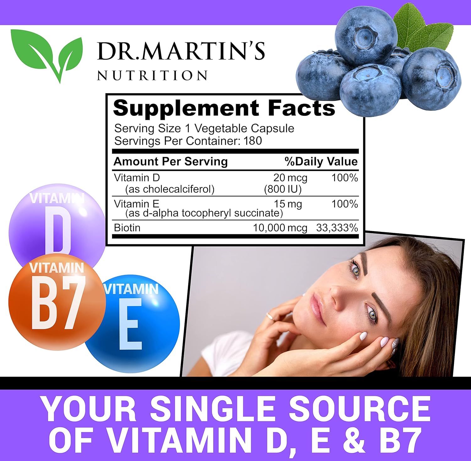 Potent Biotin (Vitamin B7) 10,000 mcg Supplement with Vitamins D & E for Hair, Skin & Nails - 180 Count for Stronger Hair Growth, Youthful Skin, and Strong Nails - Energy Support included