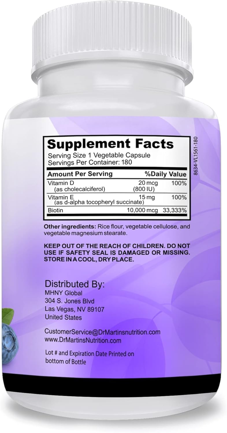 Potent Biotin (Vitamin B7) 10,000 mcg Supplement with Vitamins D & E for Hair, Skin & Nails - 180 Count for Stronger Hair Growth, Youthful Skin, and Strong Nails - Energy Support included