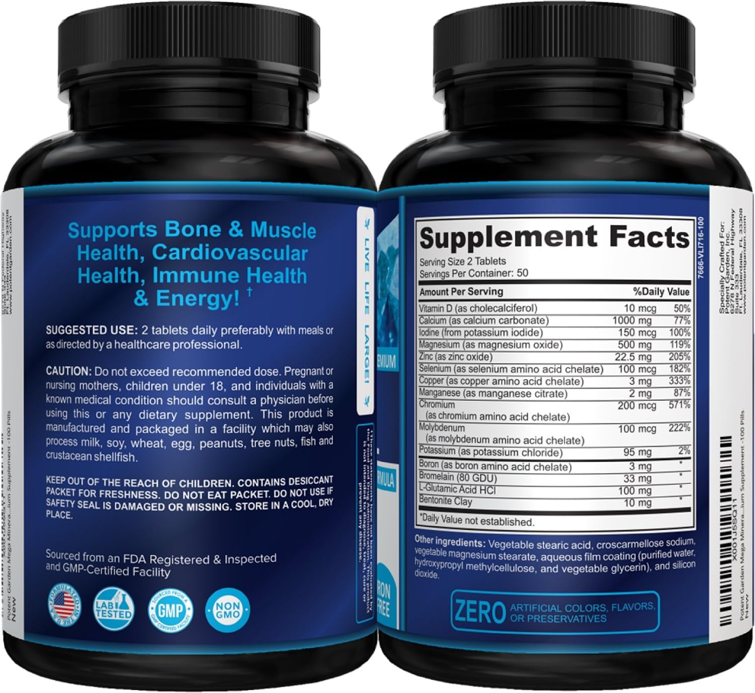 Potent Garden Mega Mineral Supplement 2-Pack - Complete Mineral Complex with 72 Trace Minerals, Iron-Free Calcium - 200 Pills