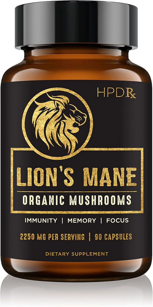 Potent Lion's Mane Mushroom Extract Capsules - Natural Nootropic for Memory & Focus - Immunity Booster - 2250mg, 90ct - HPD Rx