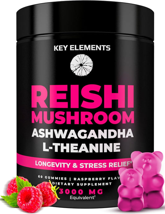 Potent Reishi Mushroom Gummies with L-Theanine and Ashwagandha for Immune Support, Stress Relief, and Improved Sleep - Natural Mushroom Supplements for Men and Women