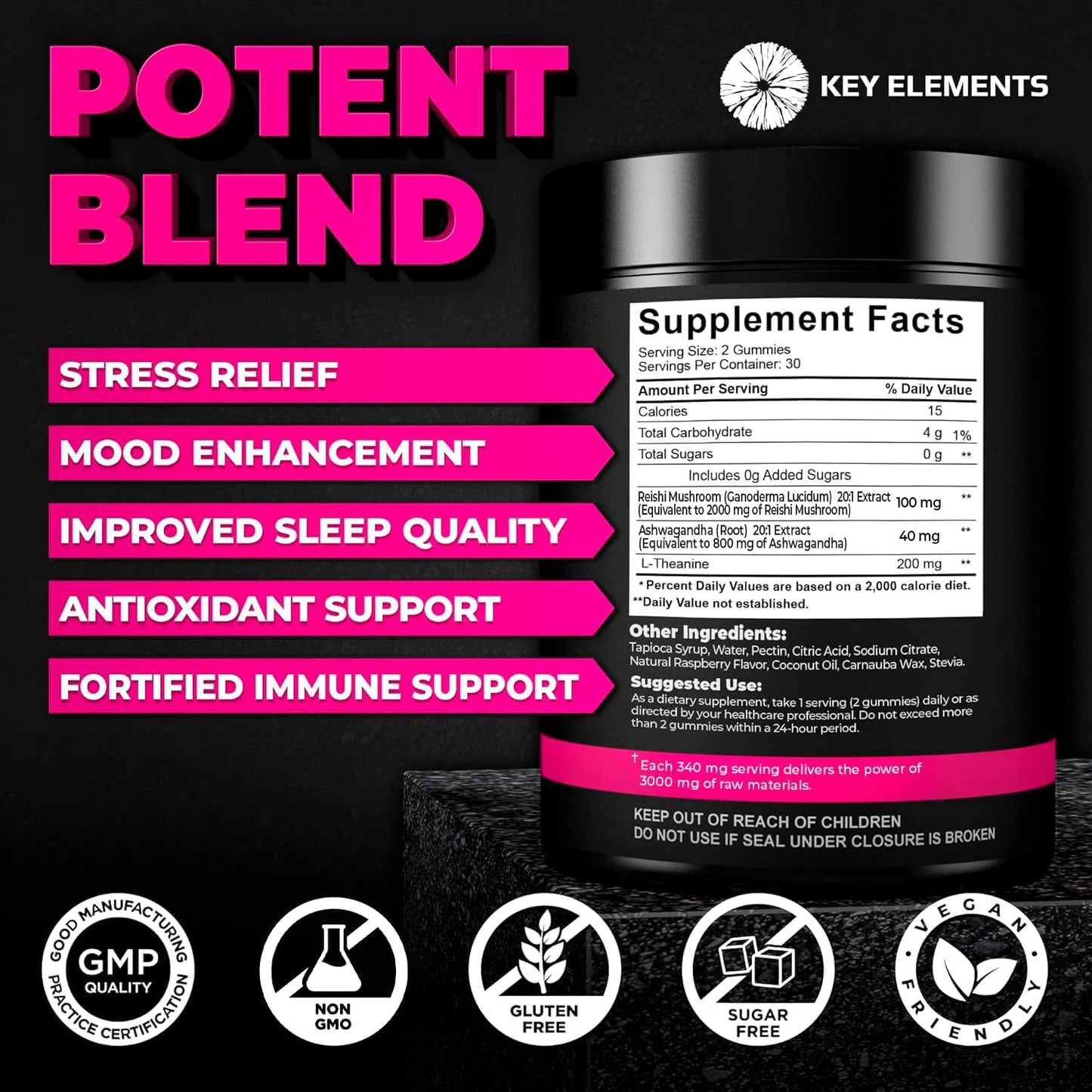Potent Reishi Mushroom Gummies with L-Theanine and Ashwagandha for Immune Support, Stress Relief, and Improved Sleep - Natural Mushroom Supplements for Men and Women