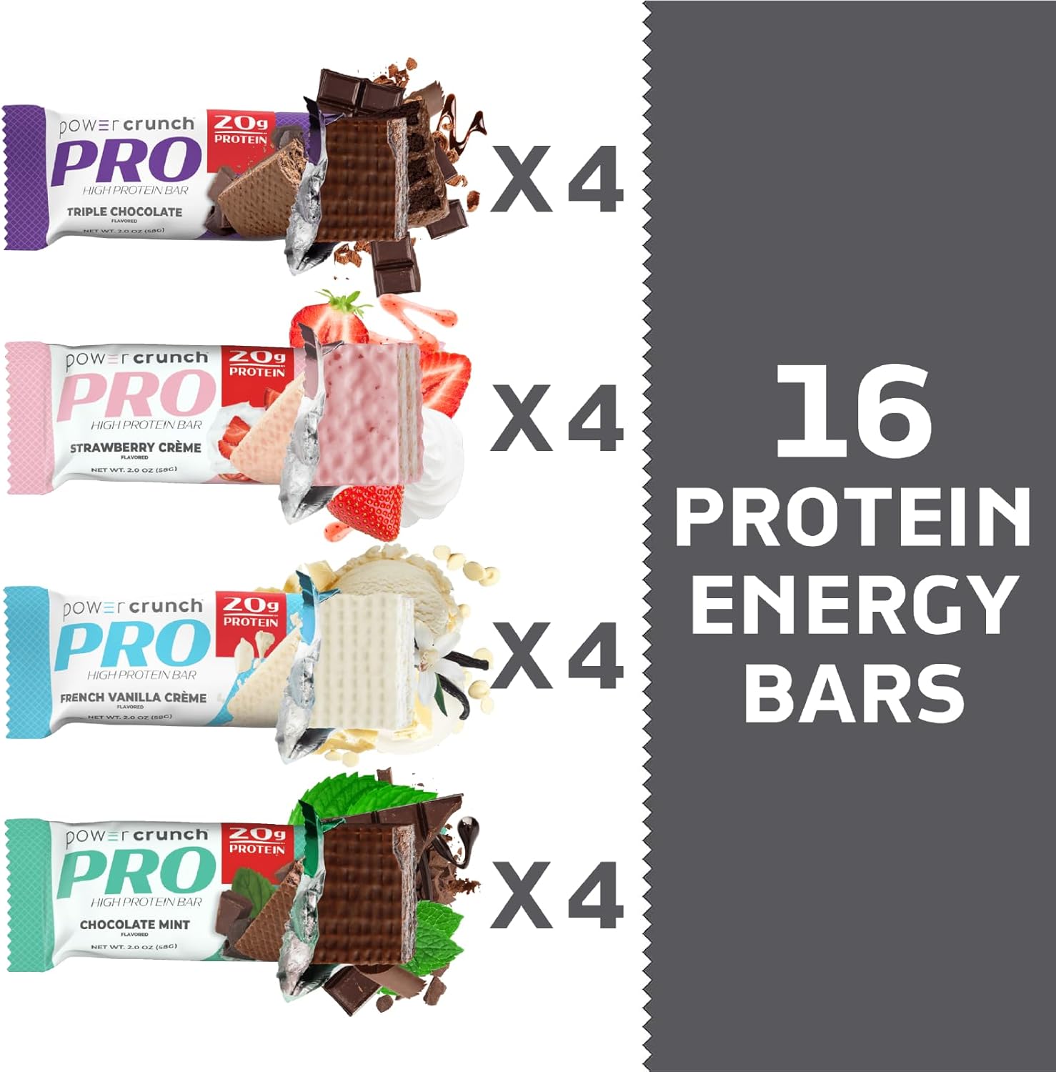 Power Crunch PRO Protein Wafer Bars Variety Pack - 16 Count, 4 Flavors, 2.0 Ounce Bars - High Protein Snack