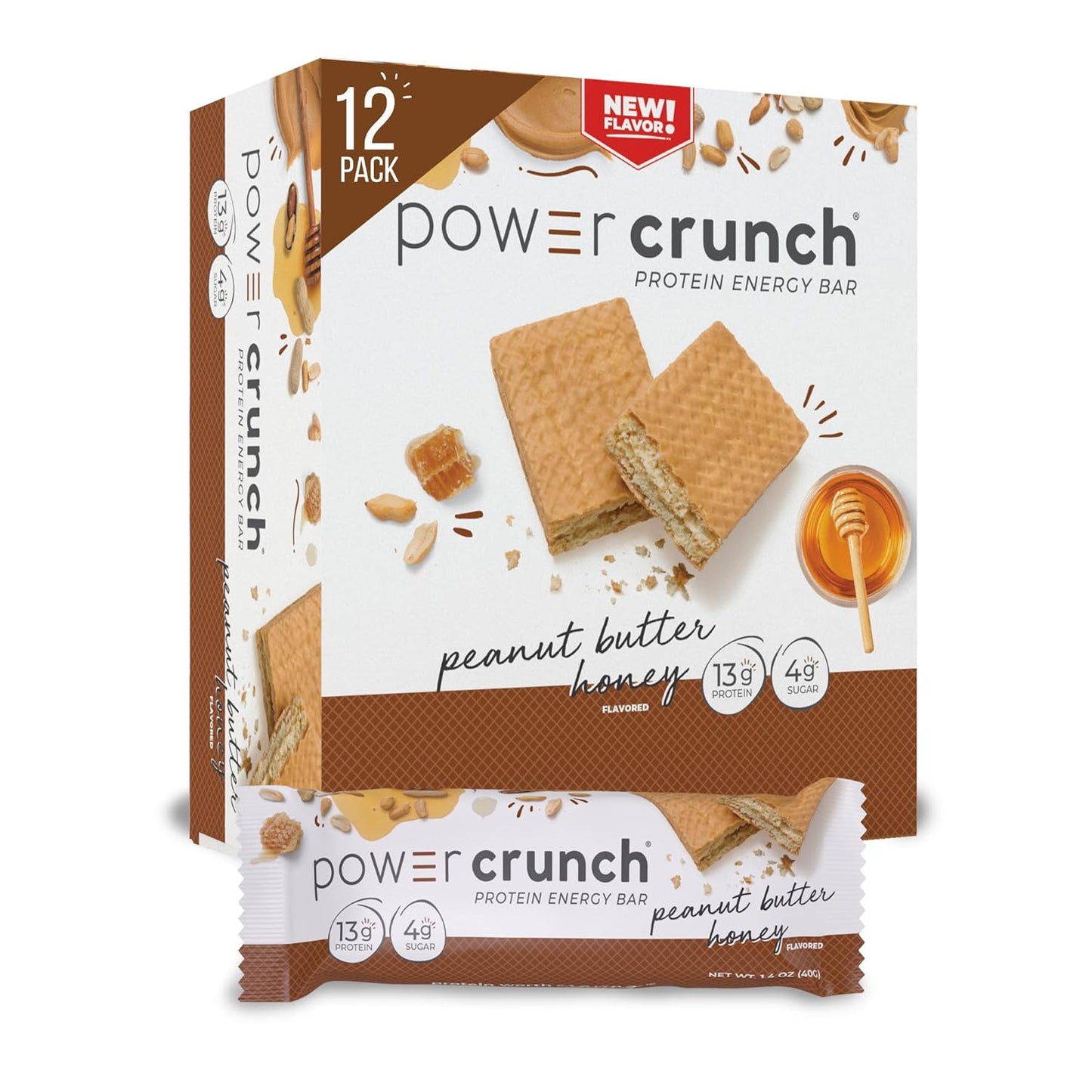 Power Crunch Protein Wafer Bars - Peanut Butter Honey Flavor, 12 Pack of 1.4oz High Protein Snacks