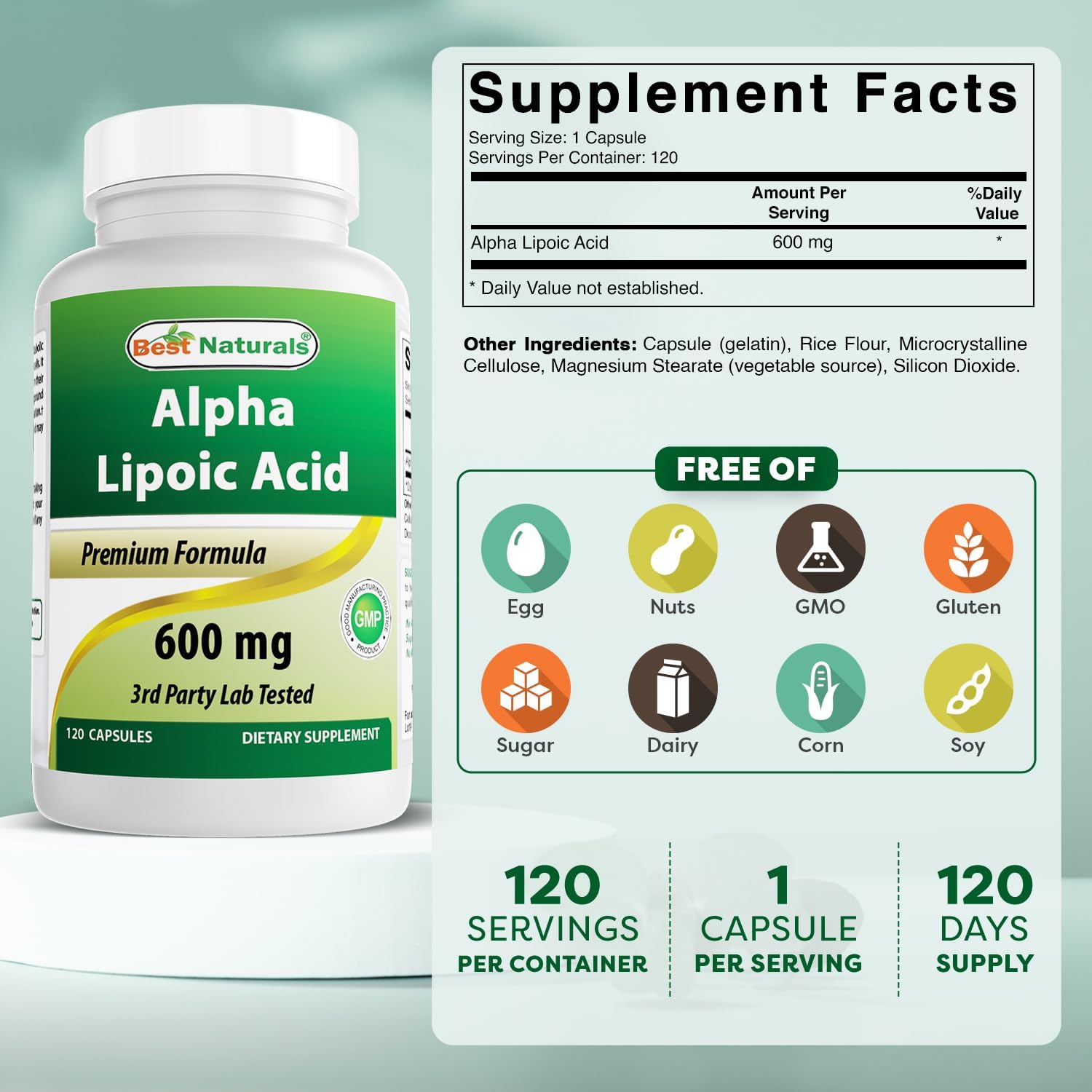 Powerful Antioxidant Best Naturals Alpha Lipoic Acid 600 mg - 120 Count ALA Supplement