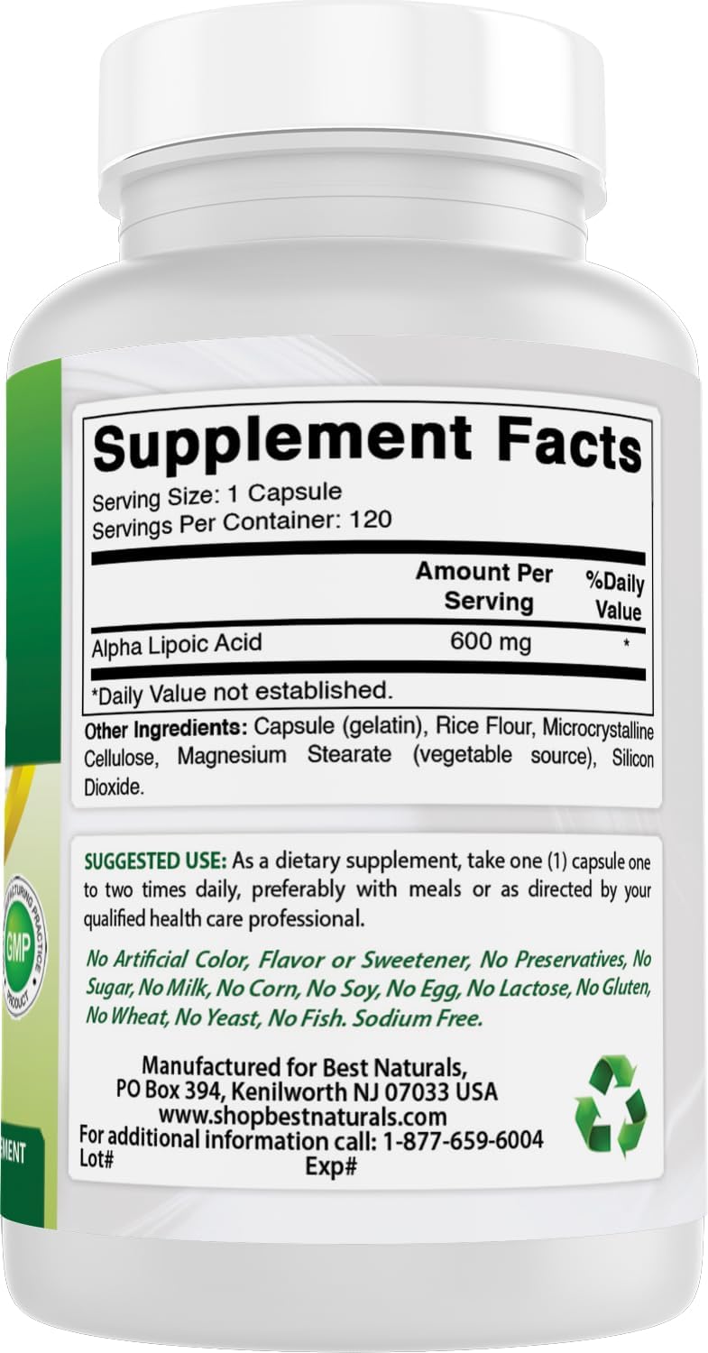 Powerful Antioxidant Best Naturals Alpha Lipoic Acid 600 mg - 120 Count ALA Supplement