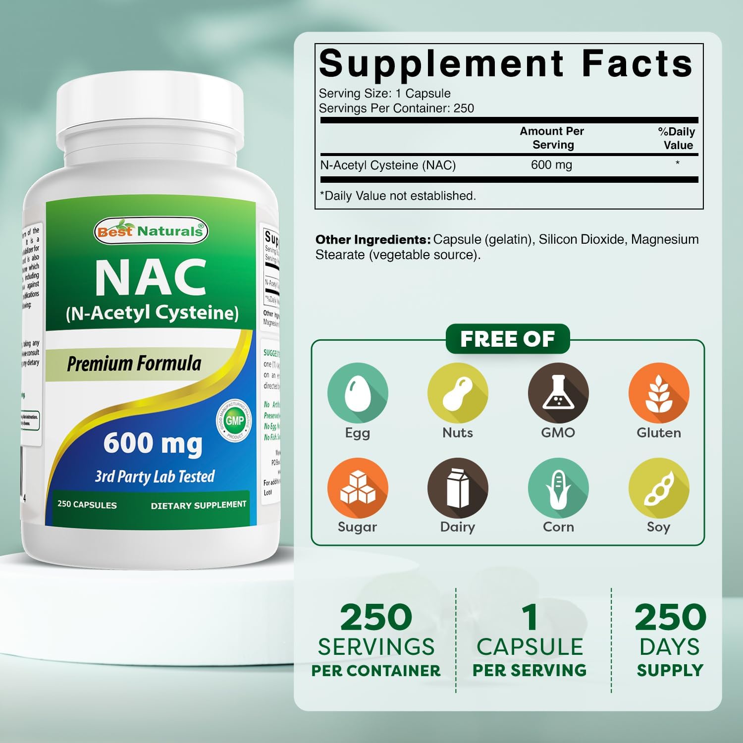 Powerful Antioxidant: Best Naturals NAC 600mg 250 Capsules of N-Acetyl Cysteine