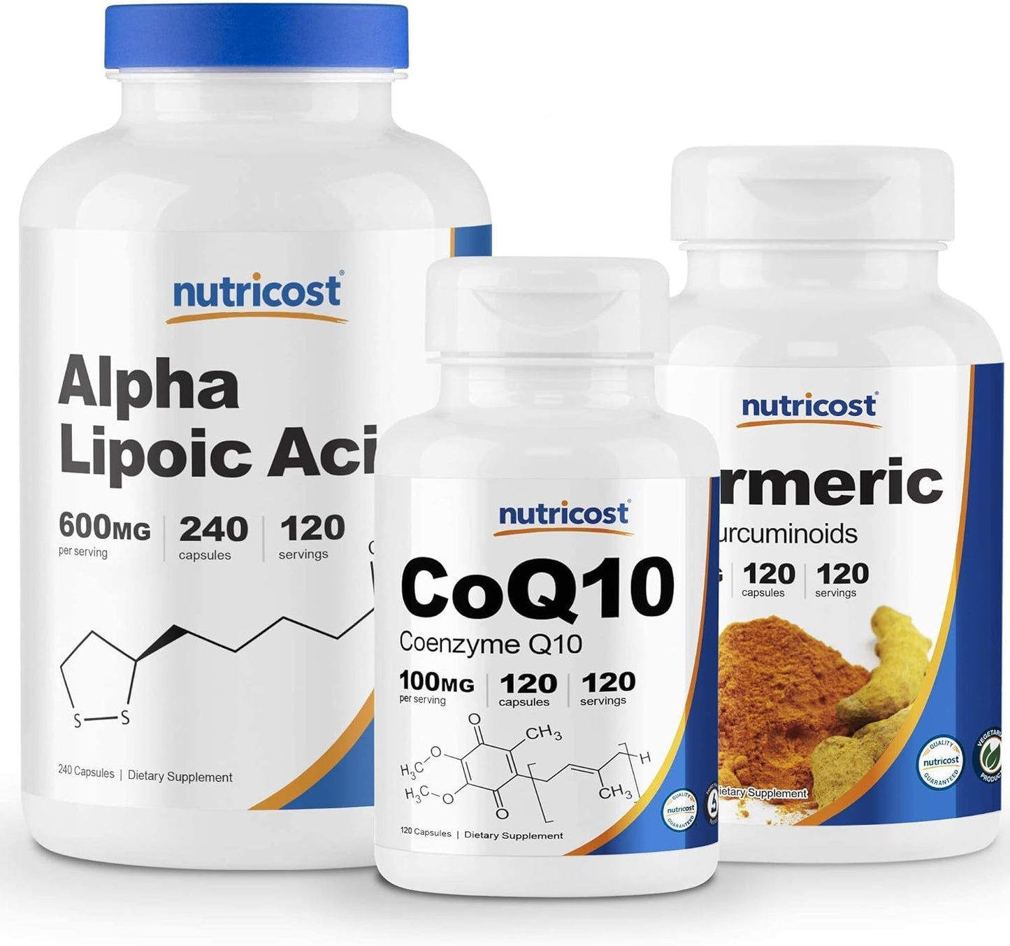 Powerful Antioxidant Bundle: Nutricost Alpha Lipoic Acid 600mg, CoQ10 100mg, Turmeric 500mg Capsules with BioPerine - 480 Caps in Total