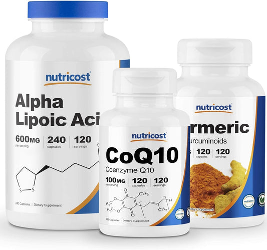 Powerful Antioxidant Bundle: Nutricost Alpha Lipoic Acid 600mg, CoQ10 100mg, Turmeric 500mg Capsules with BioPerine - 480 Caps in Total