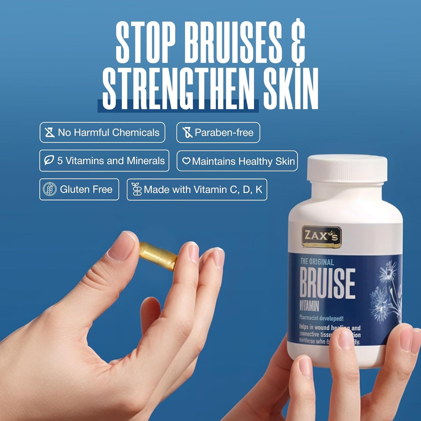 Powerful Bruise Relief Supplement with Zinc, Vitamin K, D3, Ascorbic Acid, and Bioflavonoids - 60 Capsules, Pharmacist Formulated