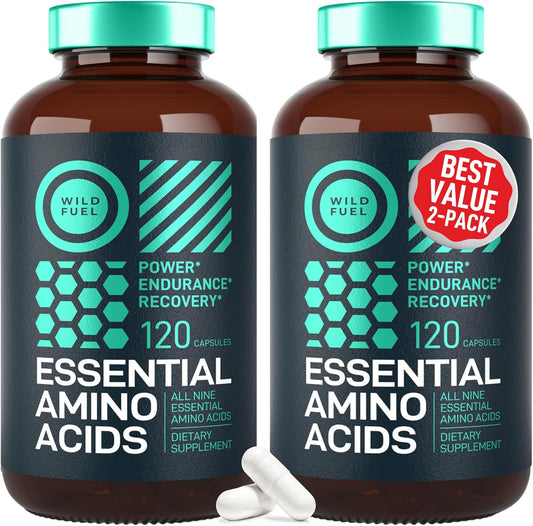 Powerful EAA Amino Acid Complex Supplement for Women and Men - 2 Pack of 240 Vegan BCAA Capsules - Essential Lysine, Tryptophan, Isoleucine Formula for Recovery and Performance