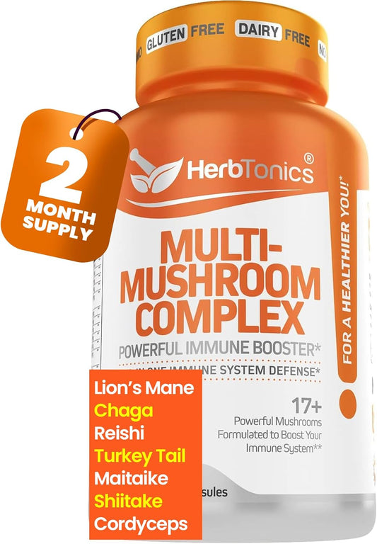 Powerful Mushroom Complex Supplement for Immune System & Brain Support, 120 Vegan Capsules by Herbtonics