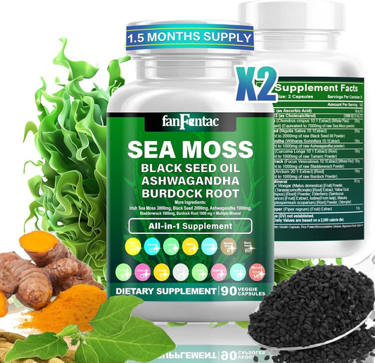 Powerful Sea Moss & Black Seed Oil Supplement with Ashwagandha, Bladderwrack, Turmeric, Burdock, Vitamin C, D3, and Minerals - 180 Capsules