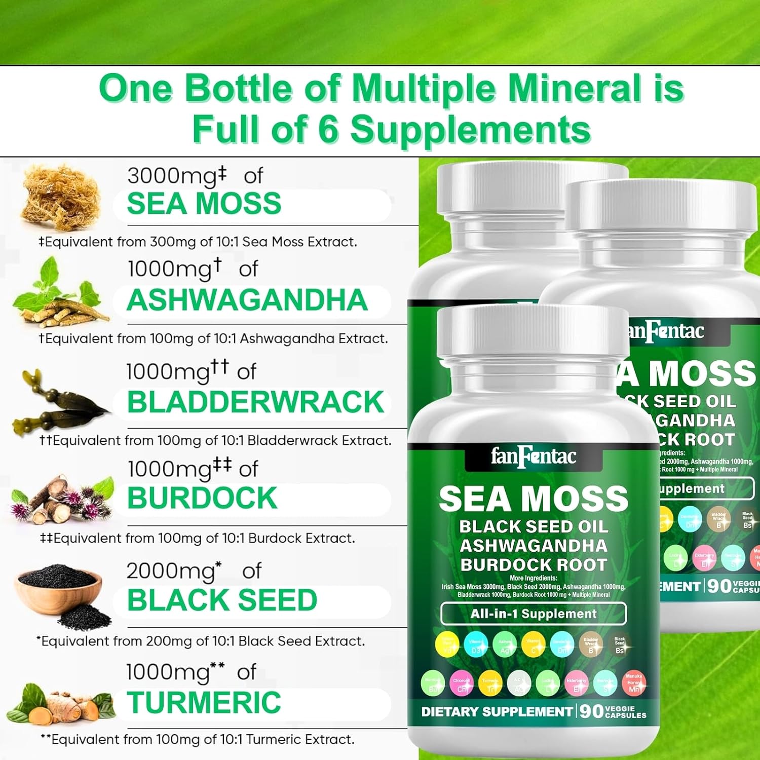 Powerful Sea Moss & Black Seed Oil Supplement with Ashwagandha, Bladderwrack, Turmeric, Burdock, Vitamin C, D3, and Minerals - 180 Capsules