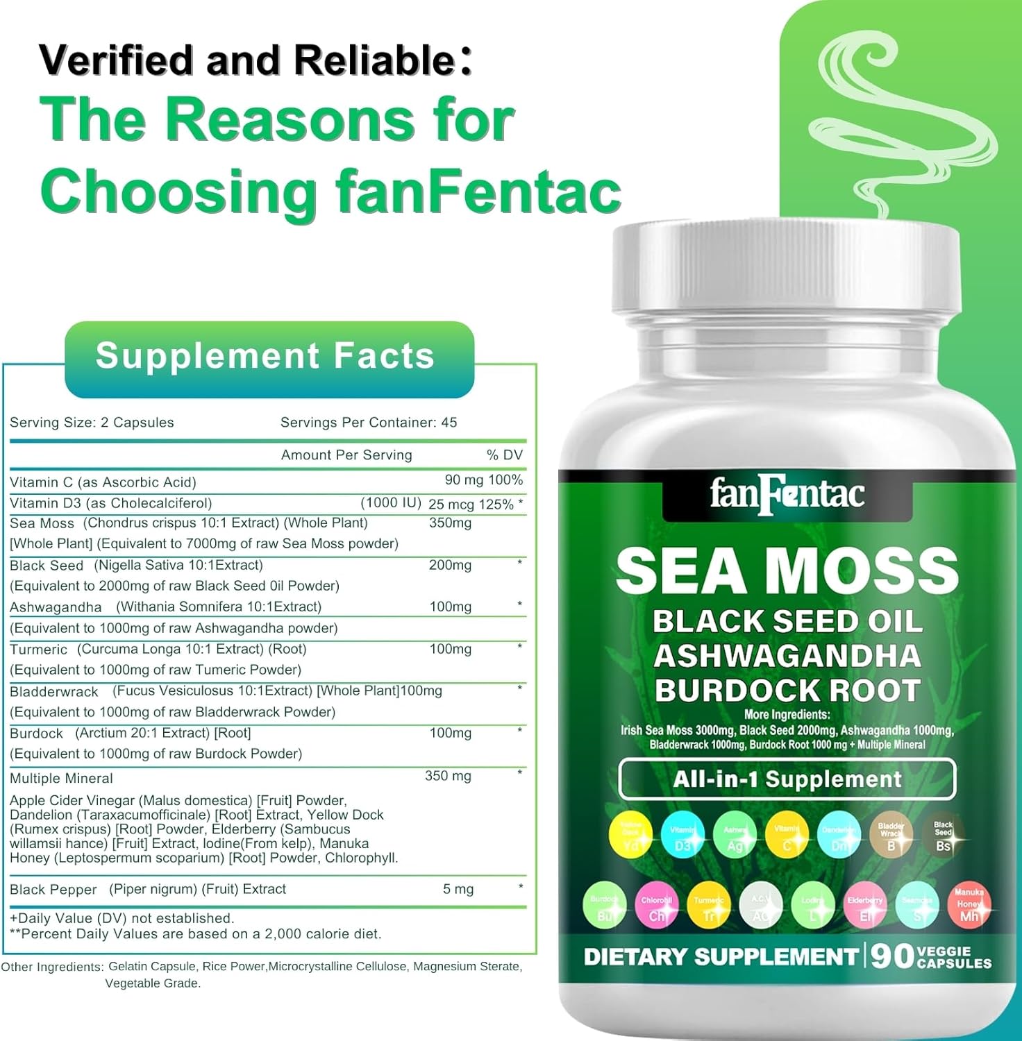 Powerful Sea Moss & Black Seed Oil Supplement with Ashwagandha, Bladderwrack, Turmeric, Burdock, Vitamin C, D3, and Minerals - 180 Capsules
