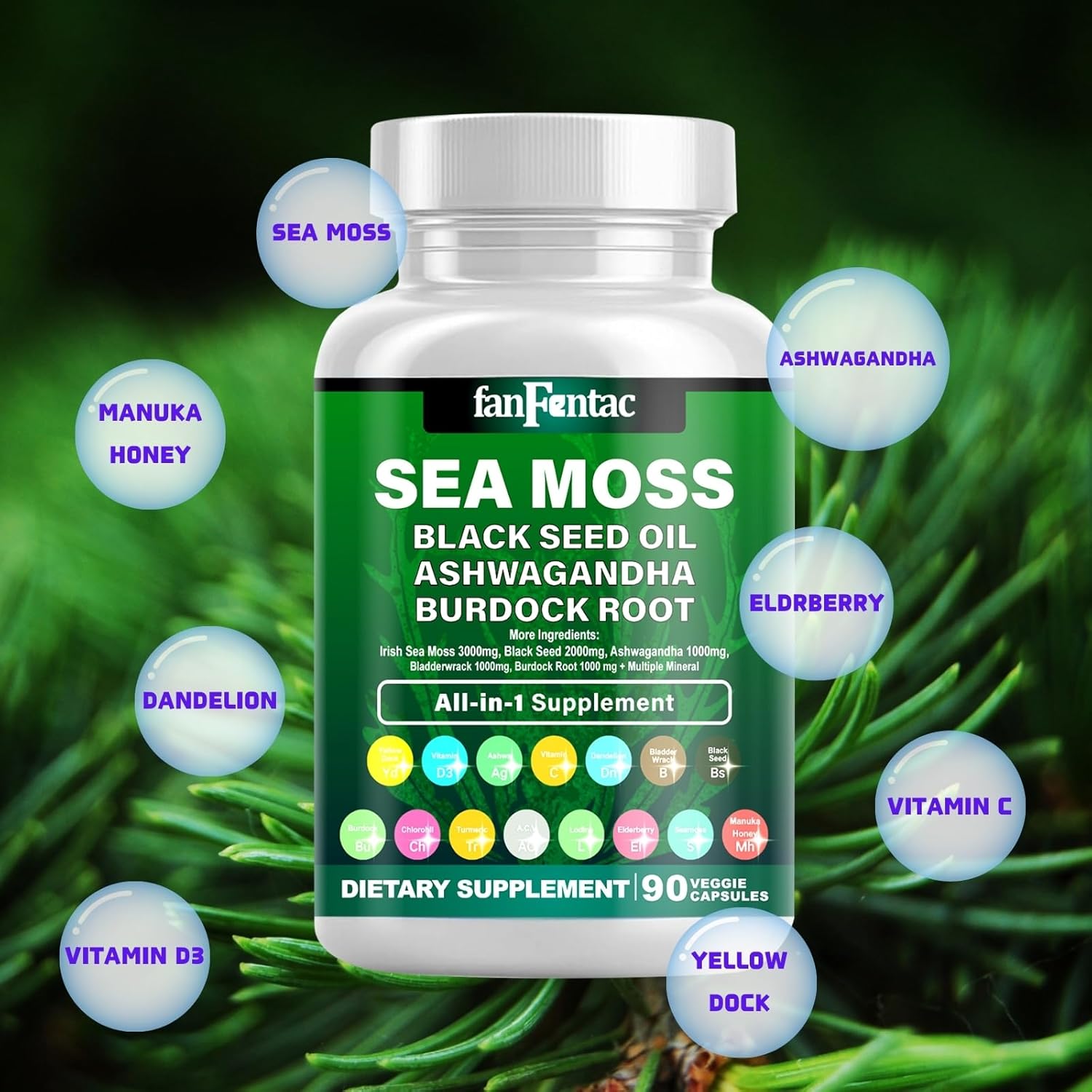 Powerful Sea Moss & Black Seed Oil Supplement with Ashwagandha, Bladderwrack, Turmeric, Burdock, Vitamin C, D3, and Minerals - 180 Capsules