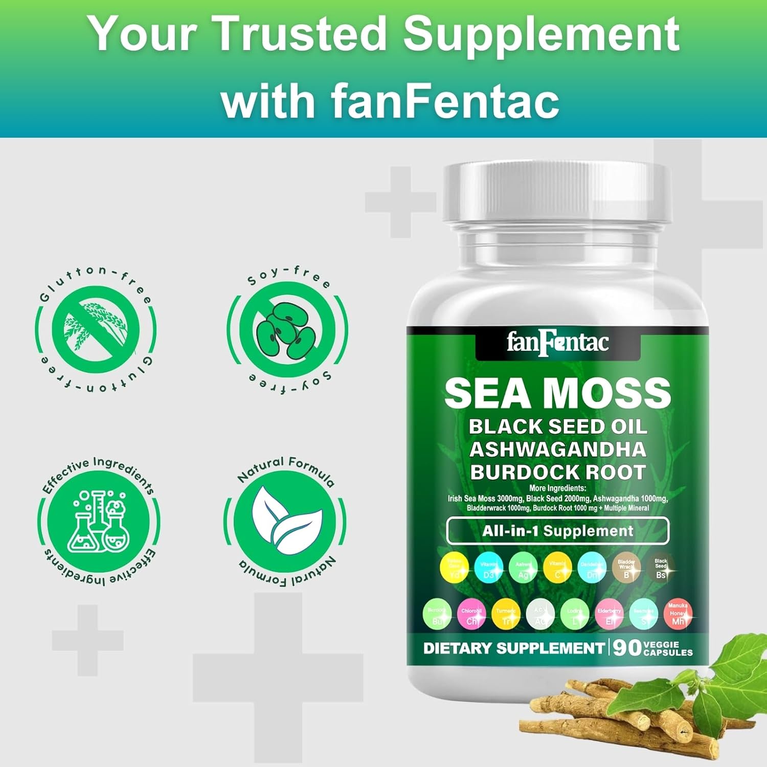 Powerful Sea Moss & Black Seed Oil Supplement with Ashwagandha, Bladderwrack, Turmeric, Burdock, Vitamin C, D3, and Minerals - 180 Capsules