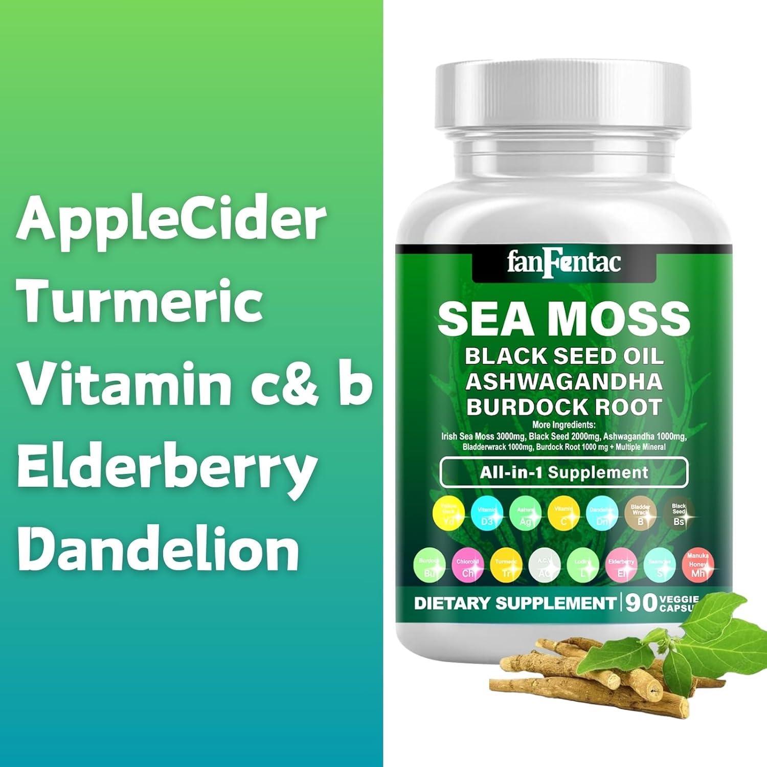 Powerful Sea Moss & Black Seed Oil Supplement with Ashwagandha, Bladderwrack, Turmeric, Burdock, Vitamin C, D3, and Minerals - 180 Capsules