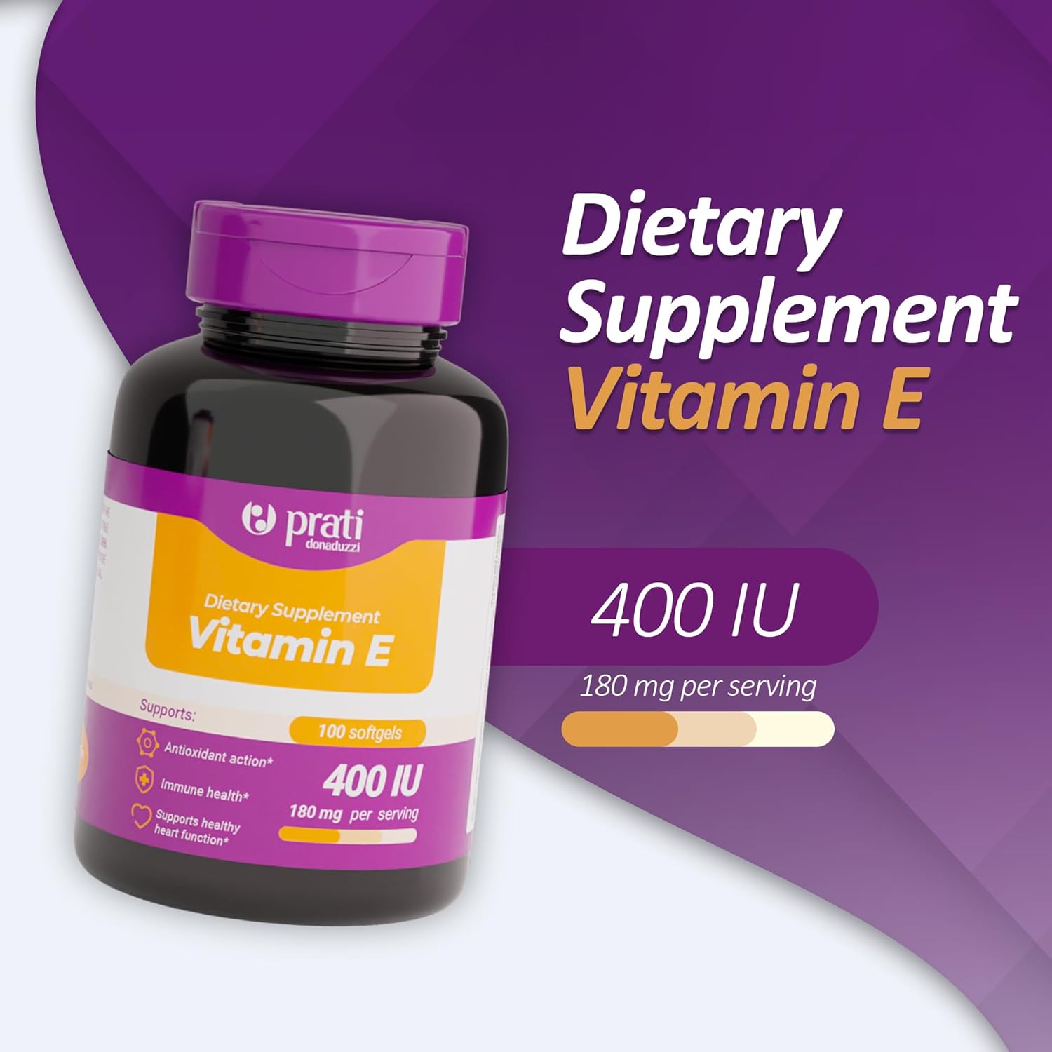 Prati Donaduzzi Vitamin E Soft Gel Capsules - 400 IU - Antioxidant Support for Skin, Hair & Cell Health - Non-GMO, Gluten-Free - Promotes Healthy Aging & Immune Function - Adults & Seniors