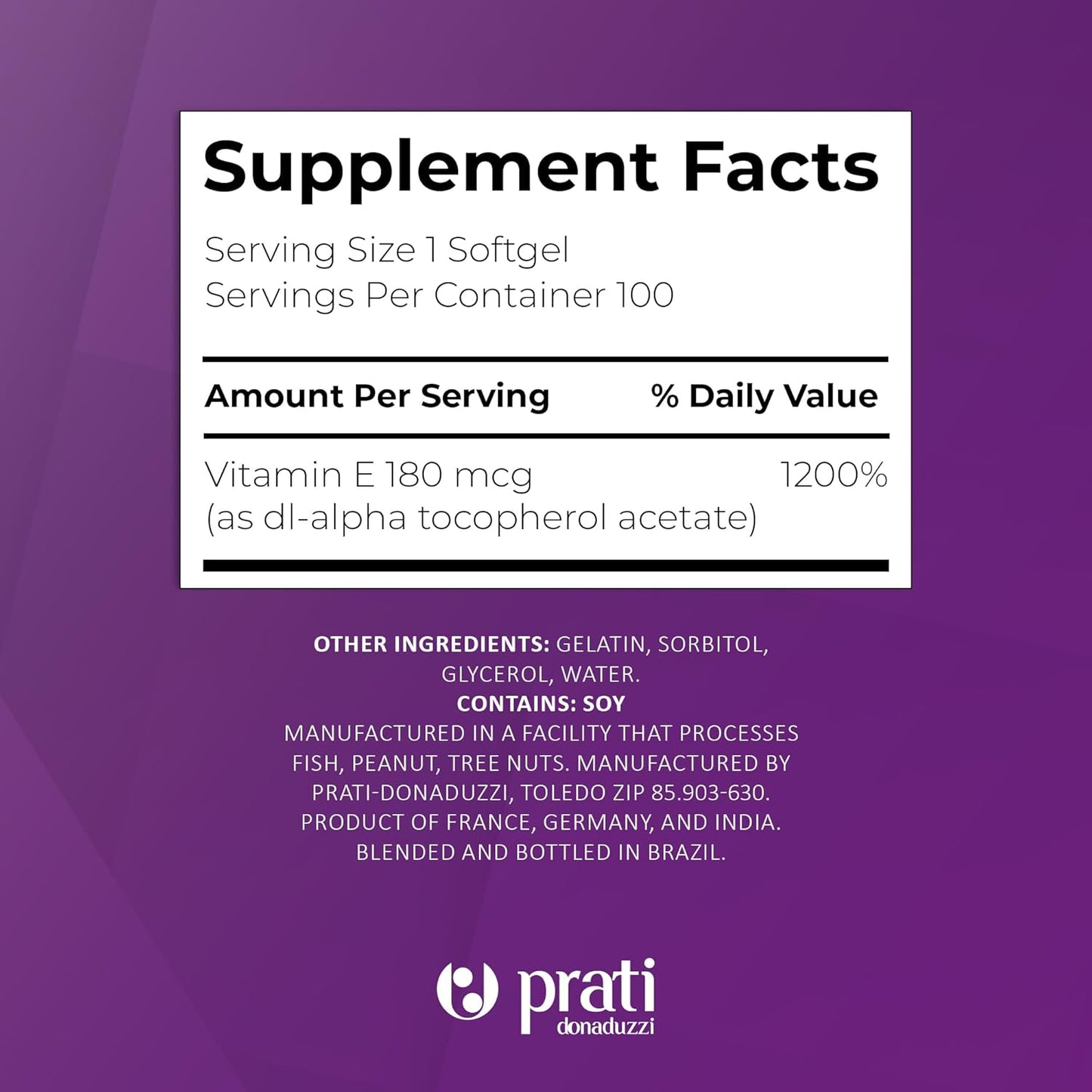 Prati Donaduzzi Vitamin E Soft Gel Capsules - 400 IU - Antioxidant Support for Skin, Hair & Cell Health - Non-GMO, Gluten-Free - Promotes Healthy Aging & Immune Function - Adults & Seniors