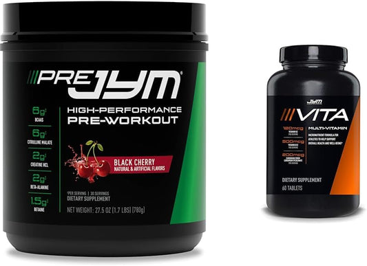 PRE JYM Black Cherry Pre-Workout with Vita JYM Multivitamin - 30 Servings and 60 Tablets