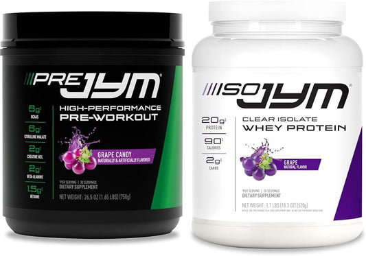 Pre JYM Grape Candy Pre Workout Powder with BCAAs and ISO JYM, Clear Whey Protein Isolate Grape Drink - 20 Servings