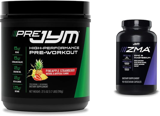 PRE JYM Pineapple Strawberry Supplement & ZMA Zinc/Magnesium Capsules Bundle - 30 Servings & 90 Capsules