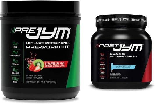 PRE JYM Strawberry Kiwi & Post-Workout Blue Arctic Freeze Combo Pack - BCAA's, Glutamine, Creatine HCL, Beta-Alanine - 30 Servings