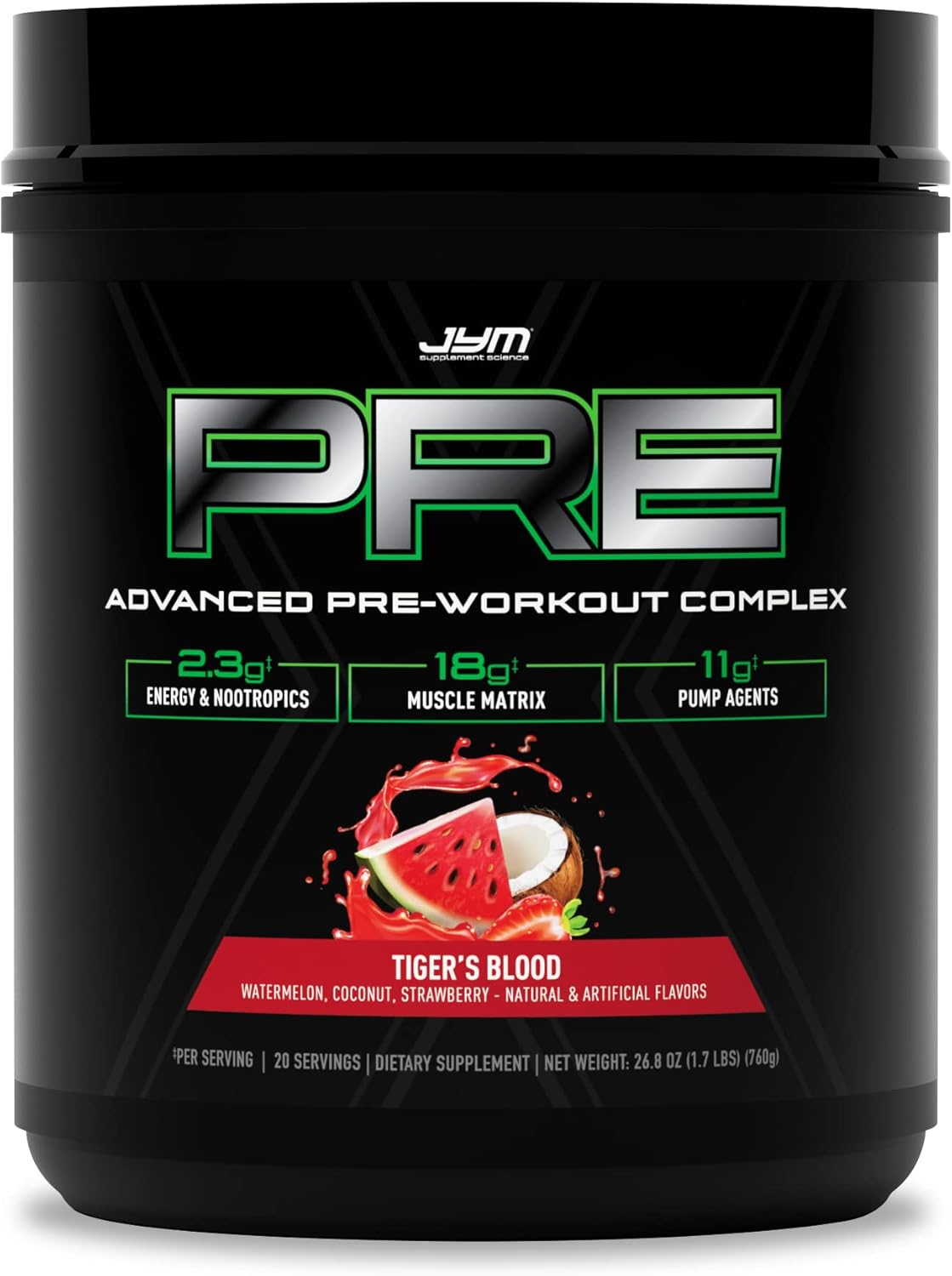 Pre JYM X Tiger’s Blood Pre-Workout Powder for Massive Pumps - Citrulline Nitrate, Dynamine, NO3T Betaine, BCAA’s, Nootropics, Creatine, Beta-Alanine - JYM Supplement Science - 20 Servings