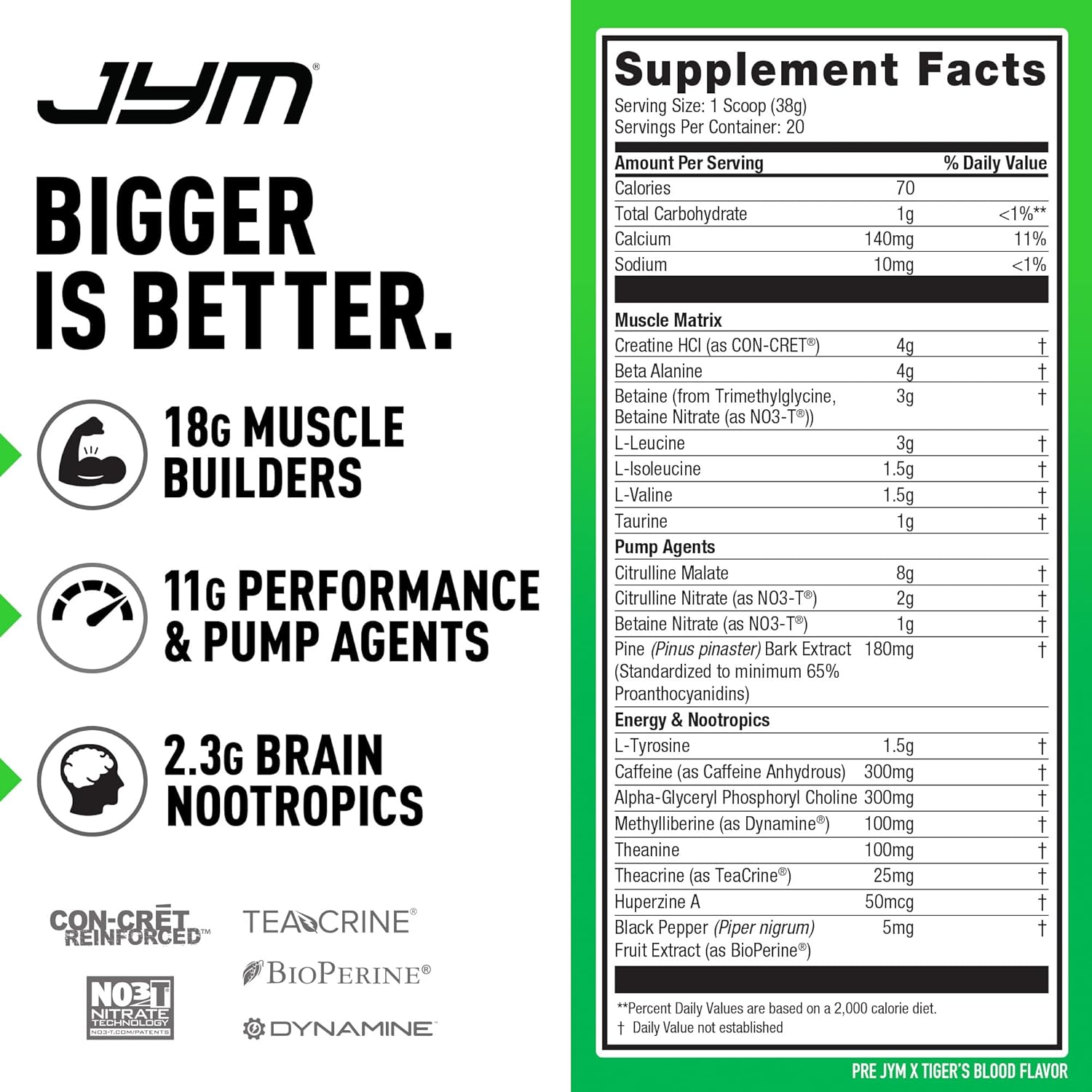 Pre JYM X Tiger’s Blood Pre-Workout Powder for Massive Pumps - Citrulline Nitrate, Dynamine, NO3T Betaine, BCAA’s, Nootropics, Creatine, Beta-Alanine - JYM Supplement Science - 20 Servings