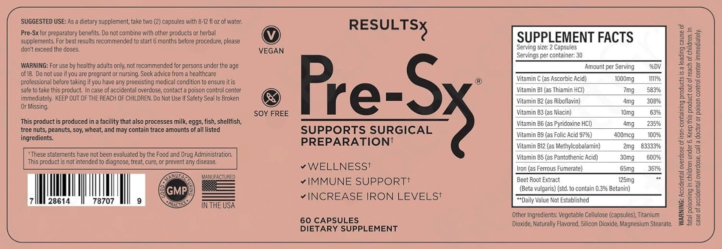 Pre-Sx Surgical Multivitamin with Iron for BBL, Tummy Tuck, Breast, Lipo, Nail & Hair, Skin Care - 60 Capsules