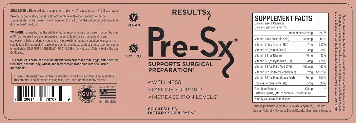 Pre-Sx Surgical Multivitamin with Iron for BBL, Tummy Tuck, Breast, Lipo, Nail & Hair, Skin Care - 60 Capsules