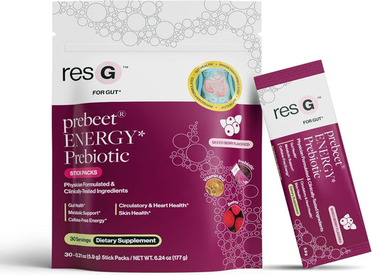 Prebeet Prebiotic Fiber Supplement - Gut Health Drink Mix for Men & Women, On-The-Go Prebiotic Powder Packets, Gluten-Free - 30 Stick Packs