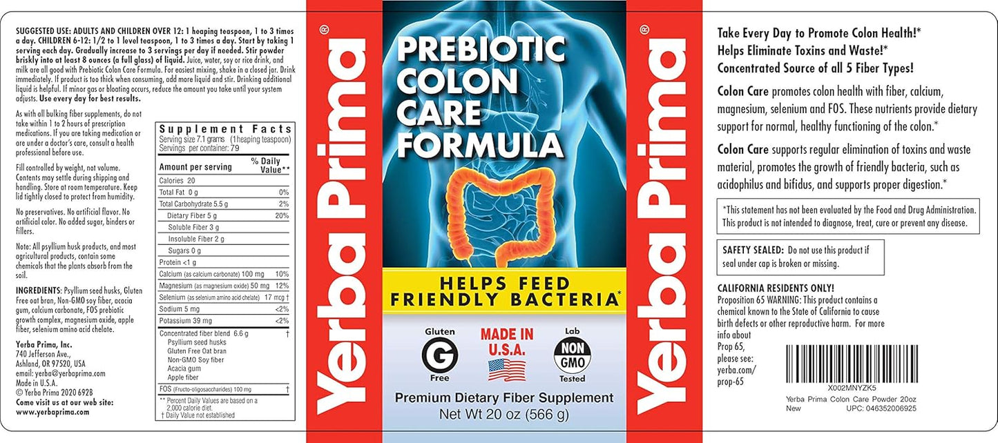 Prebiotic Colon Care Formula with Psyllium Fiber, Magnesium, Selenium - Non-GMO, Gluten Free, Vegan Supplement