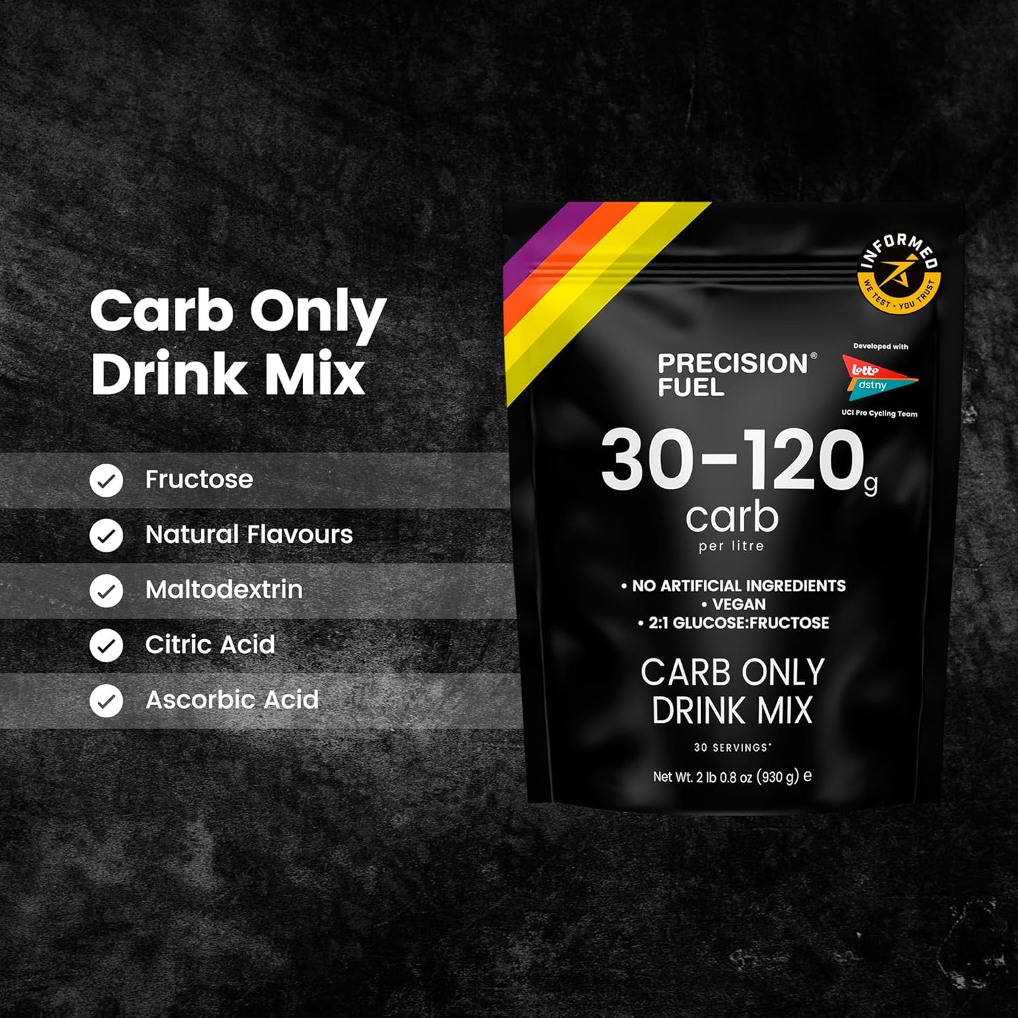 Precision Hydration PF Carb Only Drink Mix - High Carb Powder for Energy, Vegan - 120g Carbs/Liter - Citrus Flavor - 30 Servings