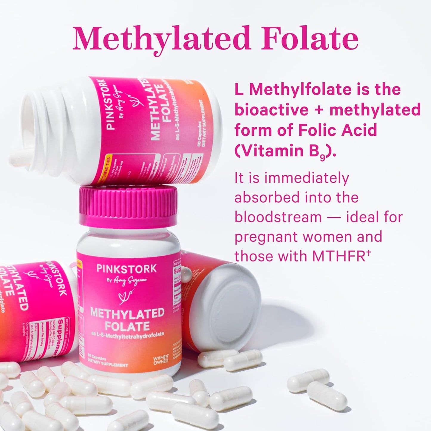 Pregnancy Support: Pink Stork Methyl Folate Capsules - Natural Folic Acid for Mom & Baby, Women-Owned, 60ct
