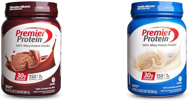 Premier Protein 100% Whey Powder Bundle: Chocolate Milkshake and Vanilla Milkshake Tubs