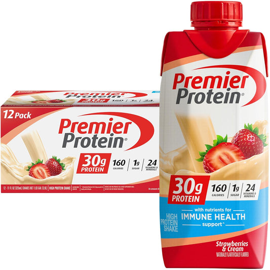 Premier Protein Strawberries & Cream Shake - 30g Protein, 1g Sugar, 11 fl oz (Pack of 12)