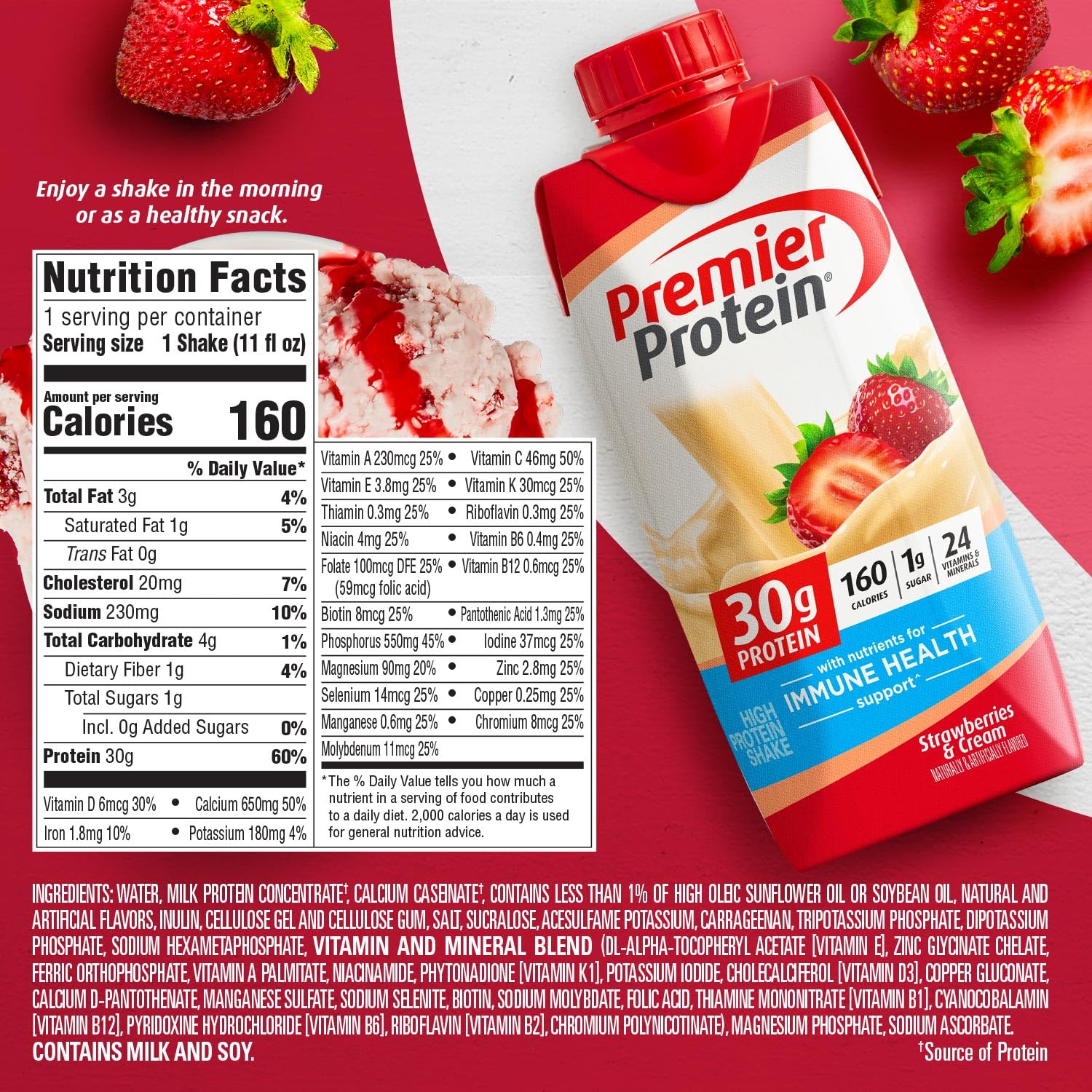 Premier Protein Strawberries & Cream Shake - 30g Protein, 1g Sugar, 11 fl oz (Pack of 12)