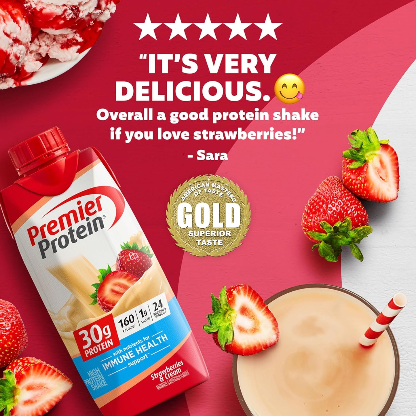 Premier Protein Strawberries & Cream Shake - 30g Protein, 1g Sugar, 11 fl oz (Pack of 12)