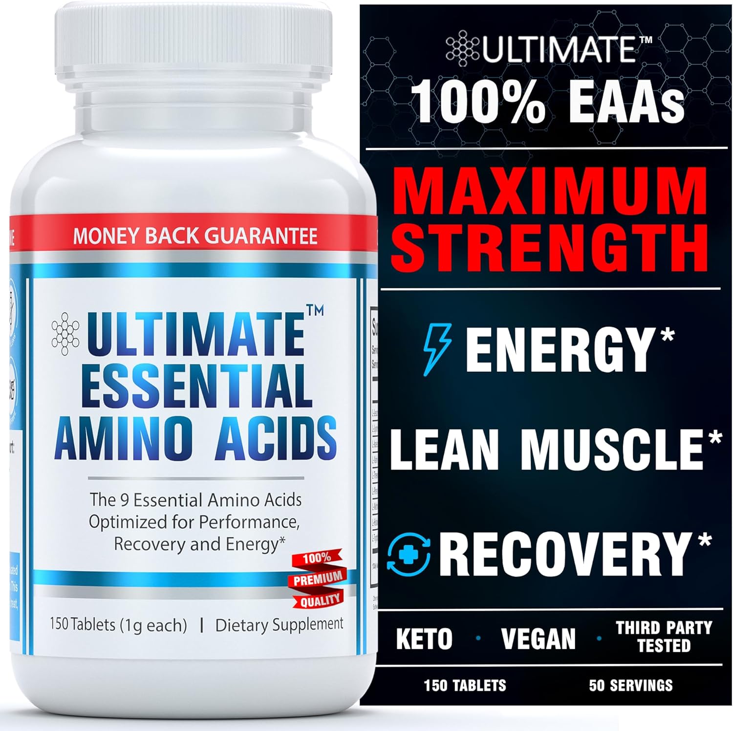 Premium 100% Essential Amino Acid Supplement - 150 Coated Tablets (1g) - All 9 EAA with 40% Leucine - Boost Energy, Muscle & Recovery - Keto & Vegan Friendly