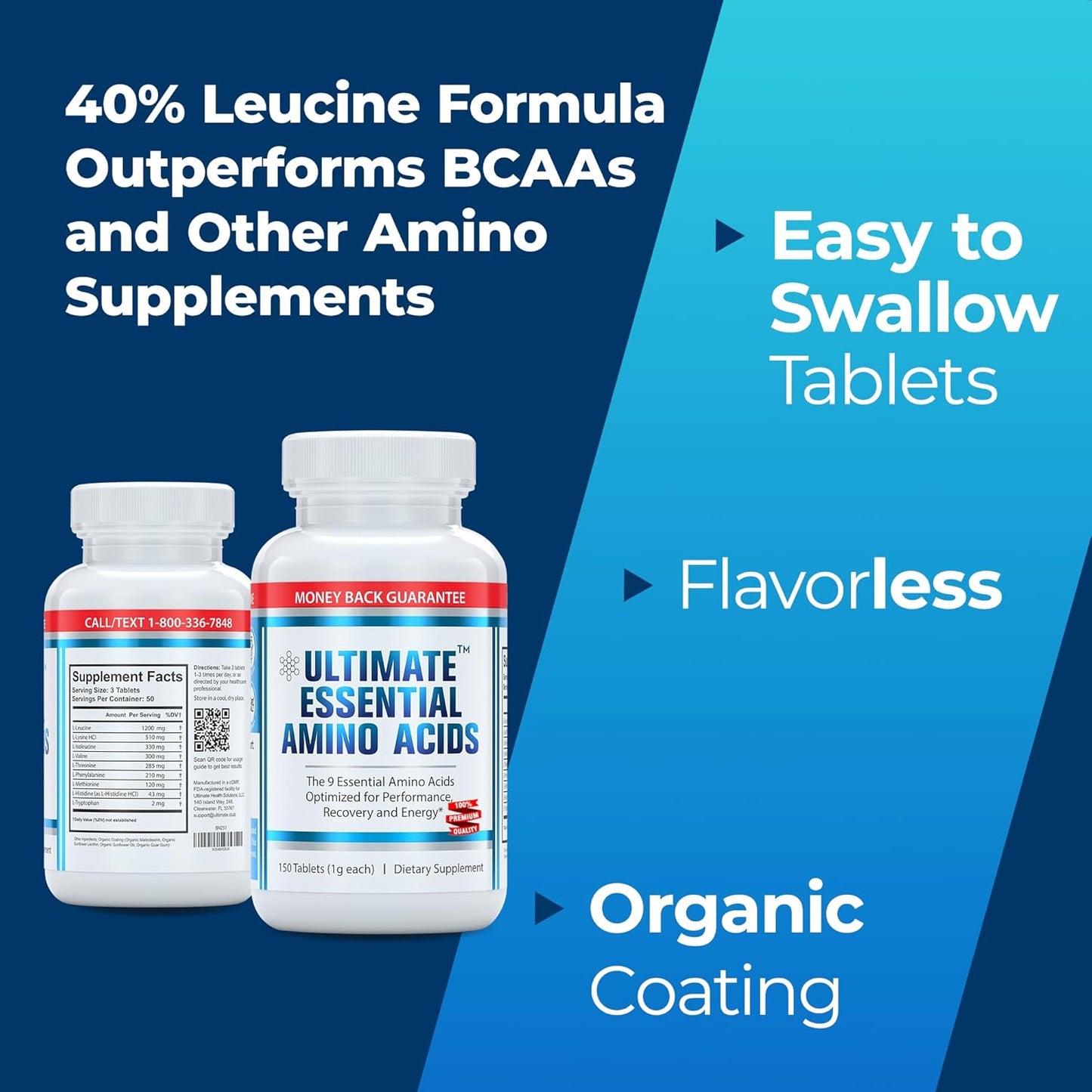 Premium 100% Essential Amino Acid Supplement - 150 Coated Tablets (1g) - All 9 EAA with 40% Leucine - Boost Energy, Muscle & Recovery - Keto & Vegan Friendly