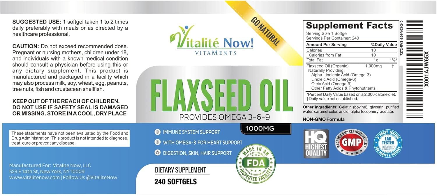 Premium 1000mg Organic Flaxseed Oil Softgels - Cold Pressed from Flax Seeds - Hair Skin & Nails Support - Omega 3-6-9 Supplement - 240 Count - 8+ Months Supply