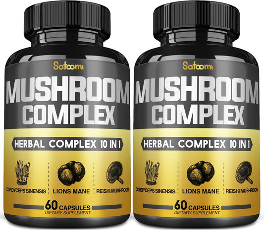 Premium 10in1 Mushroom Complex Supplements Capsules - 4 Month Supply - Includes Lions Mane, Cordyceps, Reishi, Chaga, Maitake, Shitake - 2 Packs of 60 Capsules
