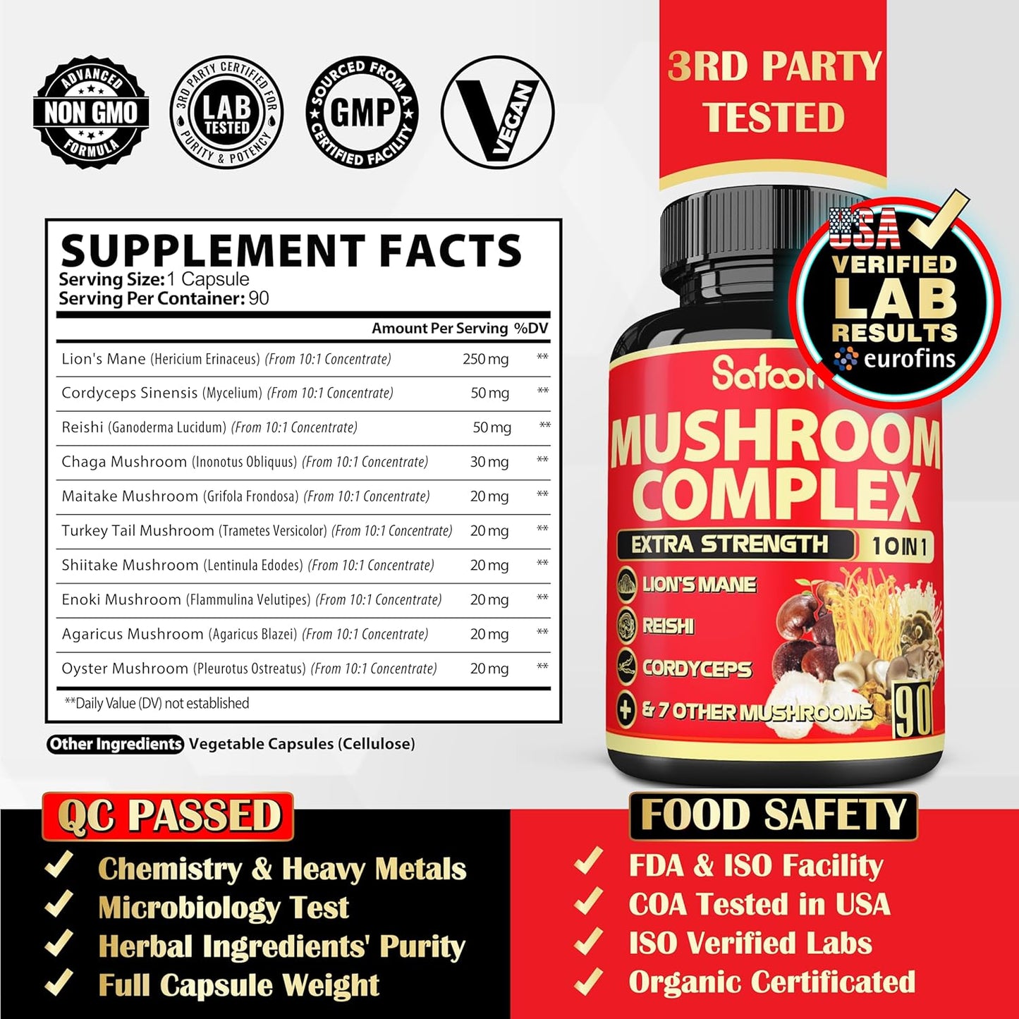 Premium 10in1 Mushroom Supplement Complex - Lions Mane, Cordyceps, Reishi, Chaga - Memory and Focus Brain Supplements - 90 Day Supply