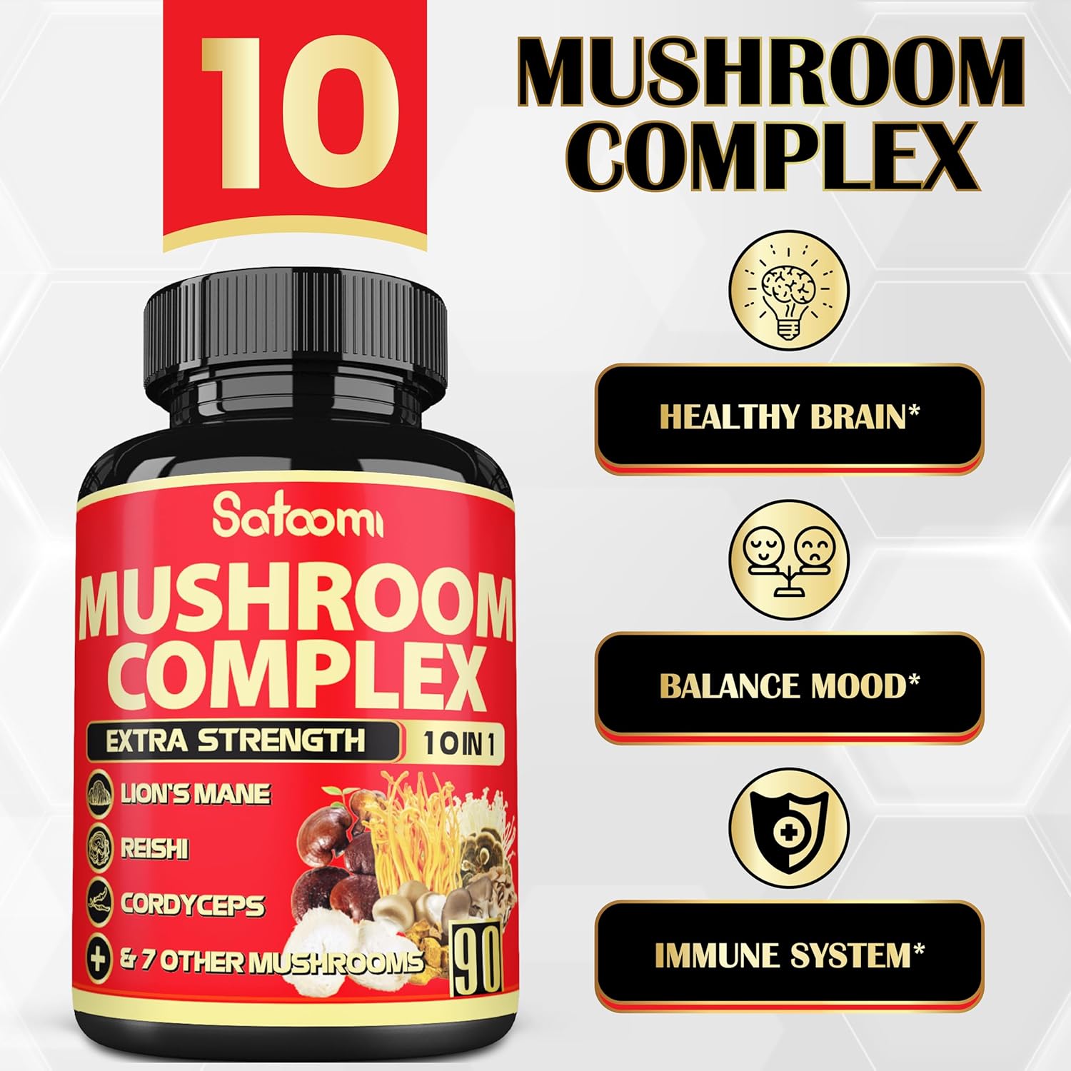 Premium 10in1 Mushroom Supplement Complex - Lions Mane, Cordyceps, Reishi, Chaga - Memory and Focus Brain Supplements - 90 Day Supply
